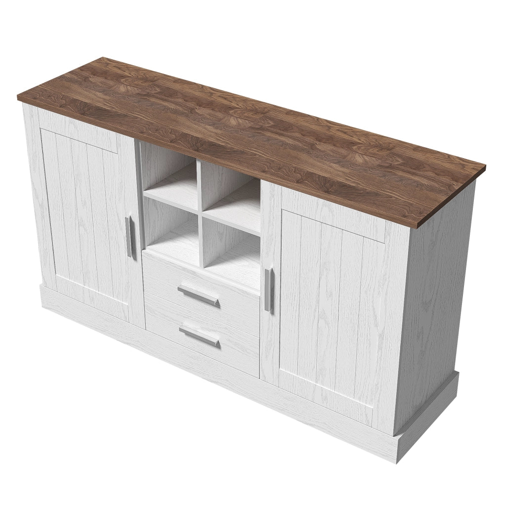 Credenza con 2 Ante; 2 Cassetti e 4 Vani Aperti; Cerniere Soft-Close; Stile Moderno; in Pannello di Particelle; Bianco e Marrone; 140??40??79;5 cm