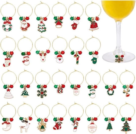 Vetrini per Vino con 28 Stili - Lega d'Oro - Email - Identificatori per Bere - Anelli per Vino - Ideali per Feste - 49-56 mm Lunghezza - Vetrini per Bere