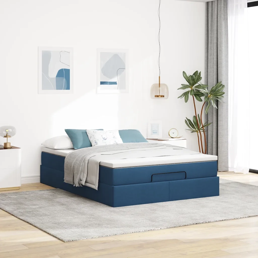 Struttura Letto Pouf con Materasso Blu 140x190 cm in Tessuto 3311112