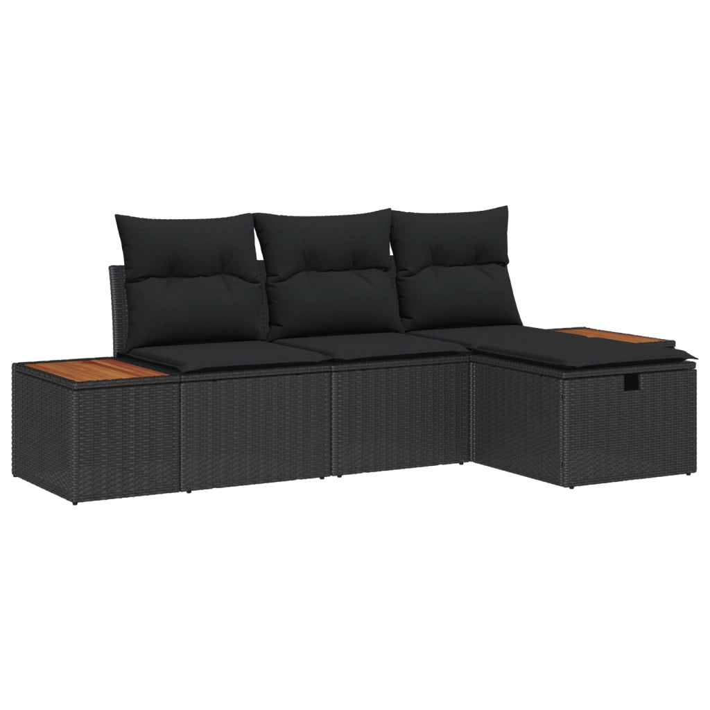 Set Divano da Giardino  a 4 Pezzi con Cuscini in Rattan Poliestere Nero