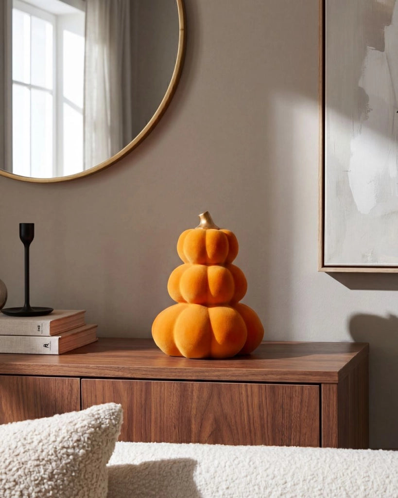Statuetta ceramica e velluto arancione e oro 33 cm zucca fatta a mano soggiorno camera da letto