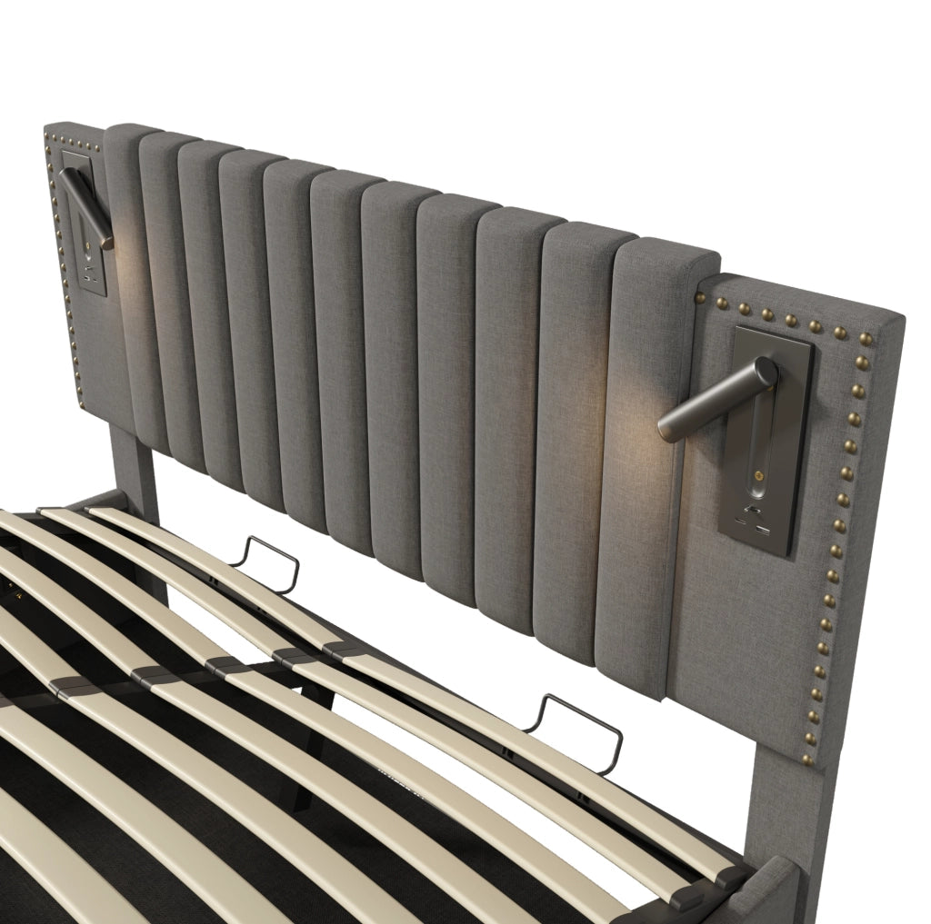 Letto matrimoniale imbottito 140x200 cm grigio con contenitore; luce lettura e porte USB/Type-C