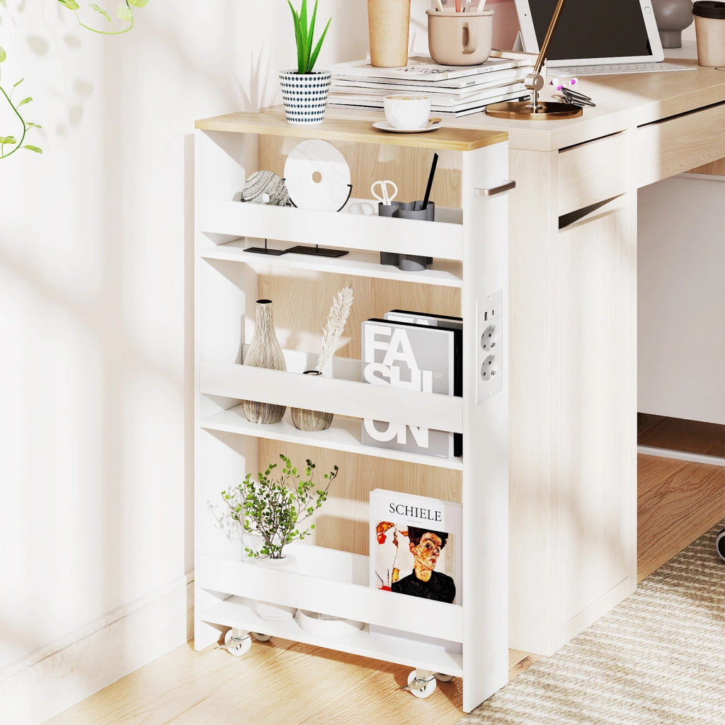 Carrello da cucina 4 ripiani con stazione di ricarica maniglia e parapetti-Scaffale stretto a sfilo con ruote bloccabili per cucina  Bianco e naturale