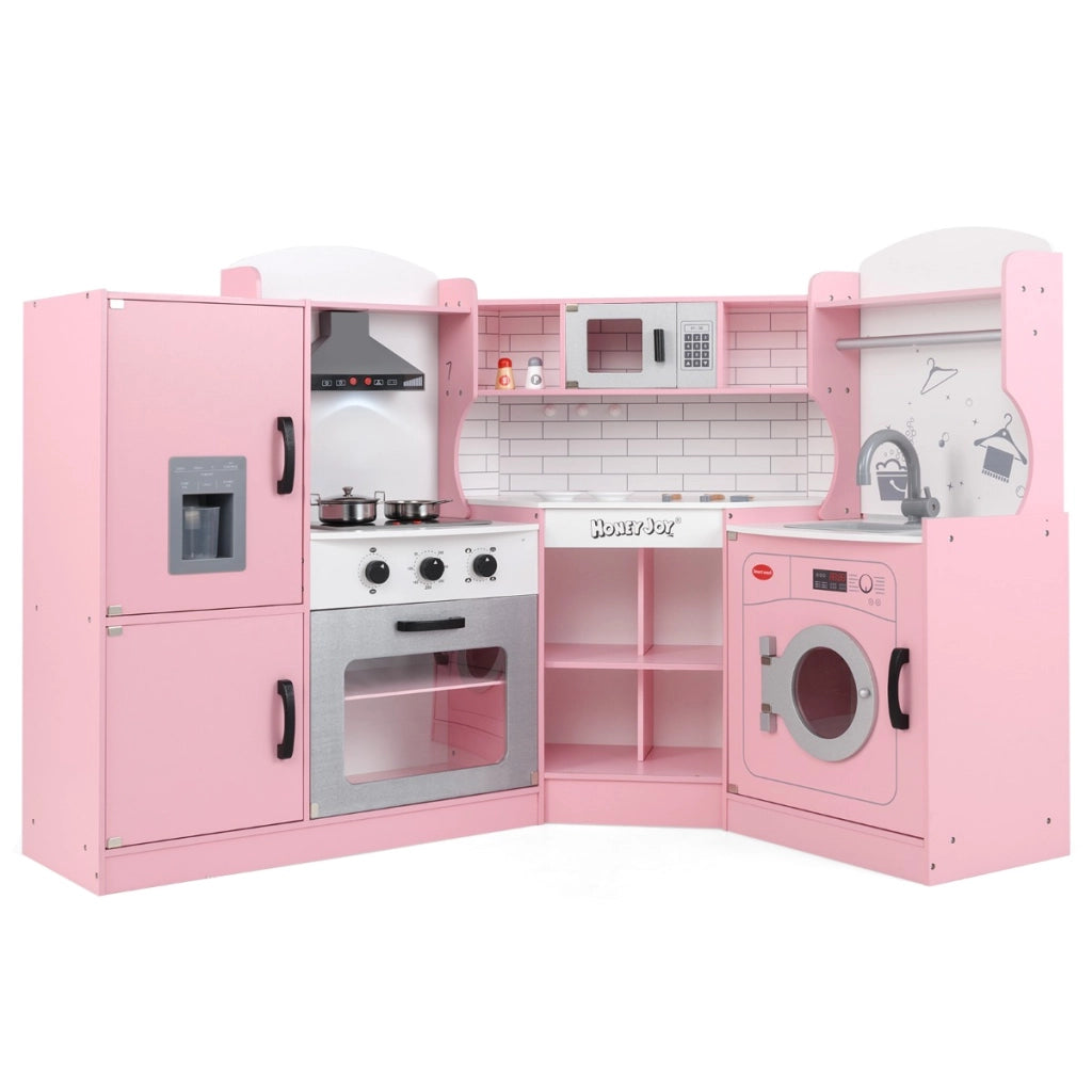 Cucina giocattolo d'angolo per bambini con macchina di ghiaccio, Cucina giocattolo con microonde e forno Rosa