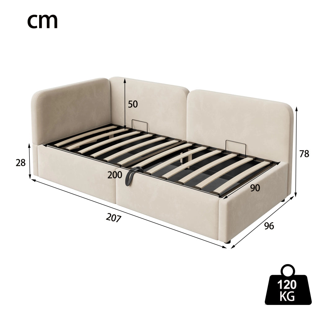 Divano letto in velluto con contenitore idraulico e testiera alta, 90x200 cm, beige