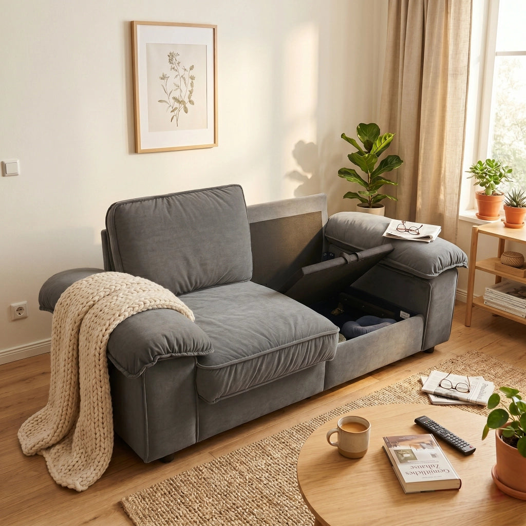 Divano con vano contenitore, seduta ergonomica e braccioli imbottiti, con cuscini schienale in tessuto grigio