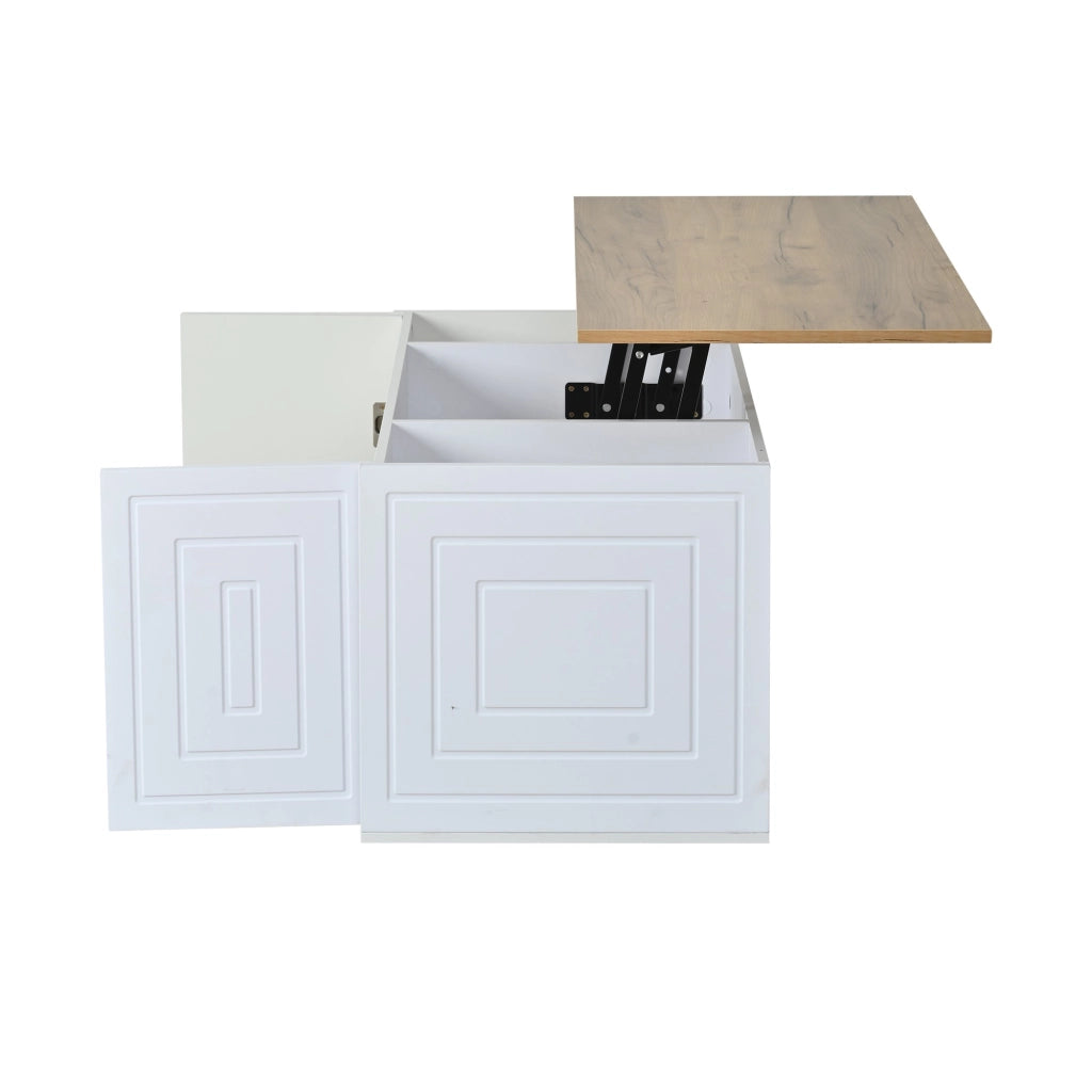 Tavolino da salotto con piano regolabile in altezza, tavolino a due ante, finitura effetto legno, bianco e color legno naturale