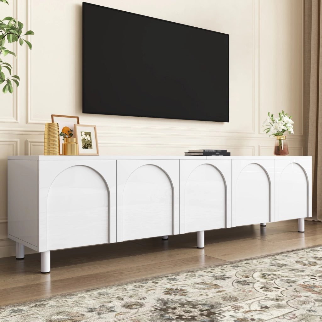 Mobile porta TV con 5 ante e passacavi, piedi in metallo, in MDF e PB, per soggiorno, bianco, 180 × 38 × 45 cm