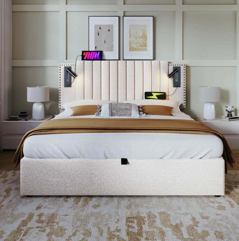 Letto matrimoniale 160x200 cm con contenitore; testiera regolabile con luci da lettura e porte USB; beige