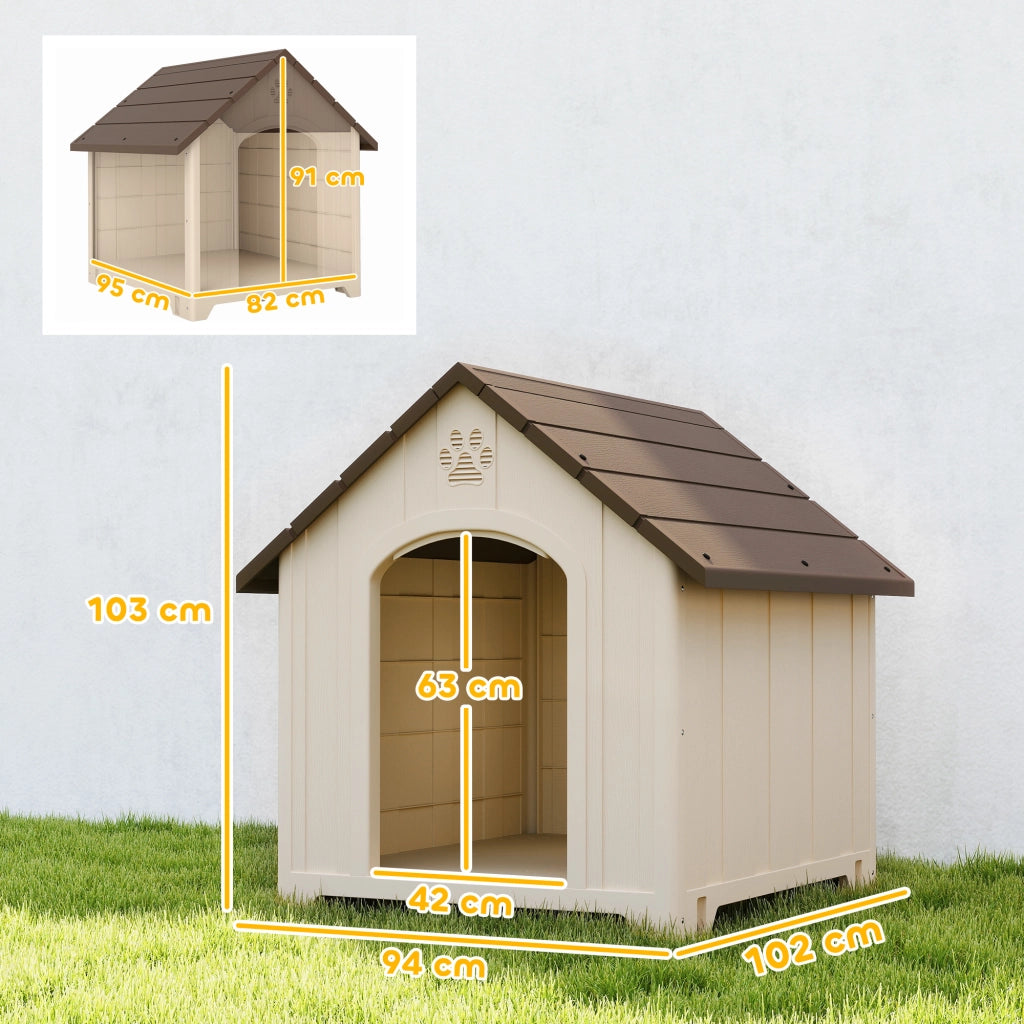 Cuccia per Cani Rialzata 102x94x103 cm con Tetto Inclinato e Prese d'Aria in PP Beige e Marrone Scuro