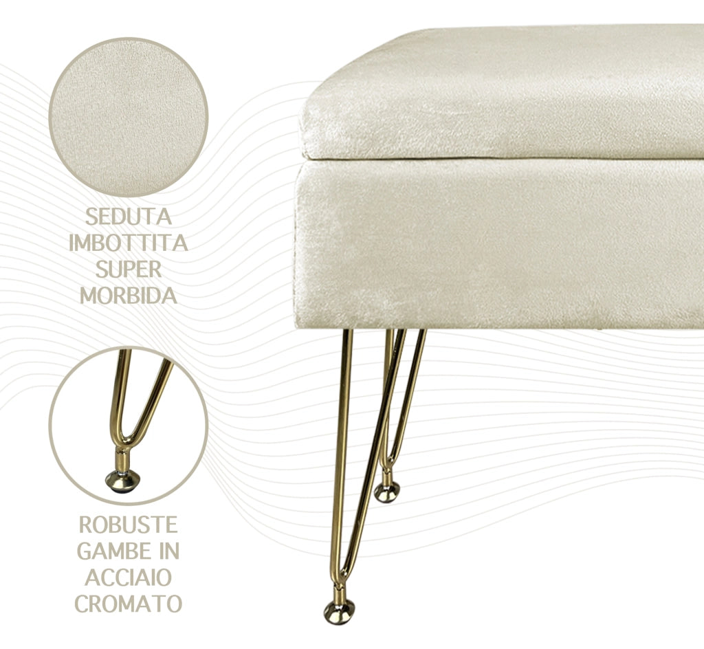 Pouf Panca Imbottita Divanetto In Velluto Contenitore PortaOggetti Panca Sgabello A Pie Di Letto Con Gambe In Metallo Dorato Cassapanca Scarpiera Ingresso Legno Massello Panchina  - Beige