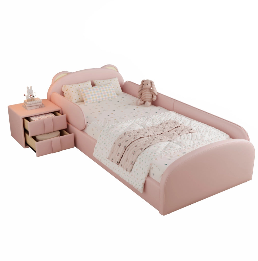 Letto imbottito 90x200 cm con testiera a forma di orso e comodino in PU rosa