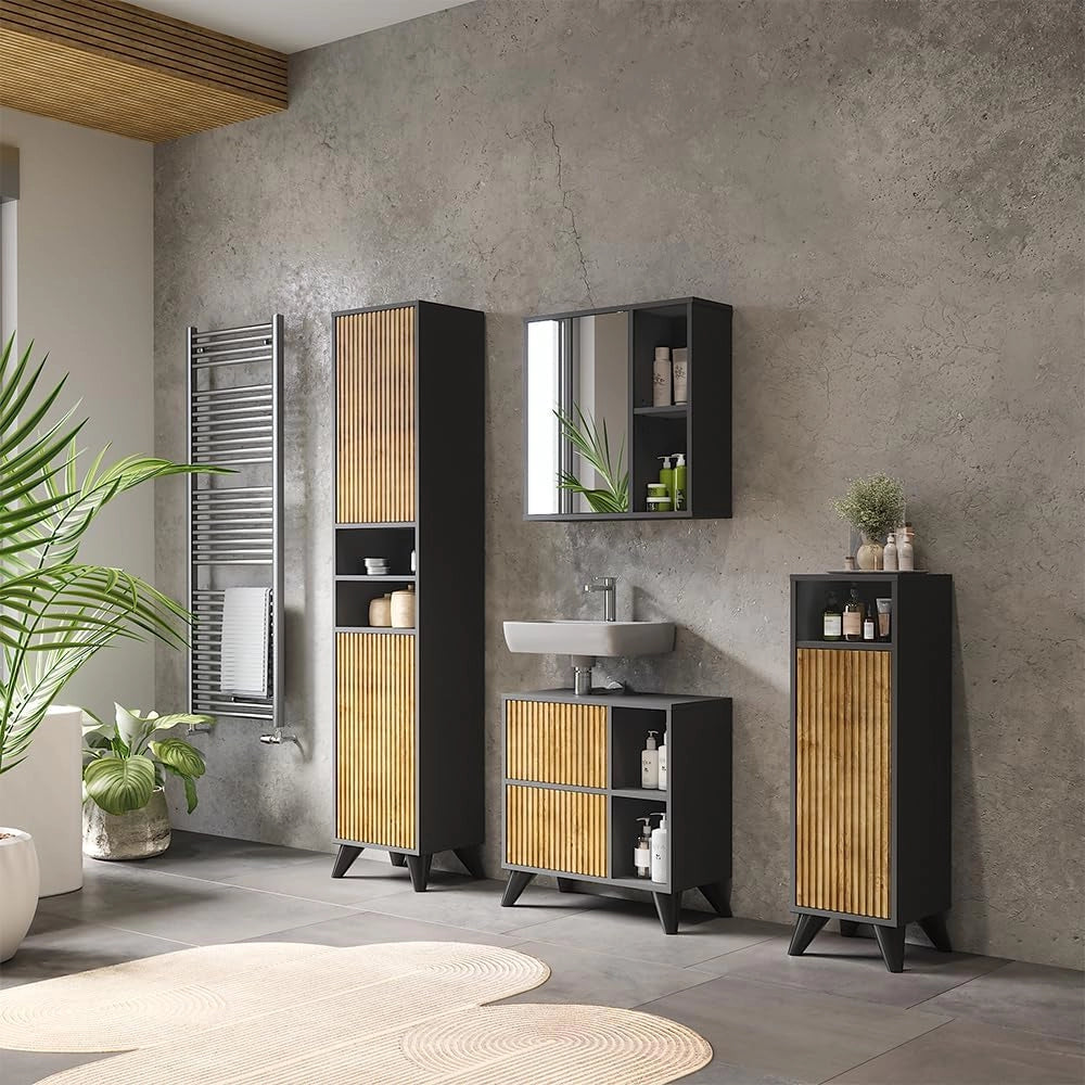 Set di mobili da bagno Leano, Antracite/quercia di montagna, 60 cm, composto da mobile lavabo, pensile a specchio, colonna e base media