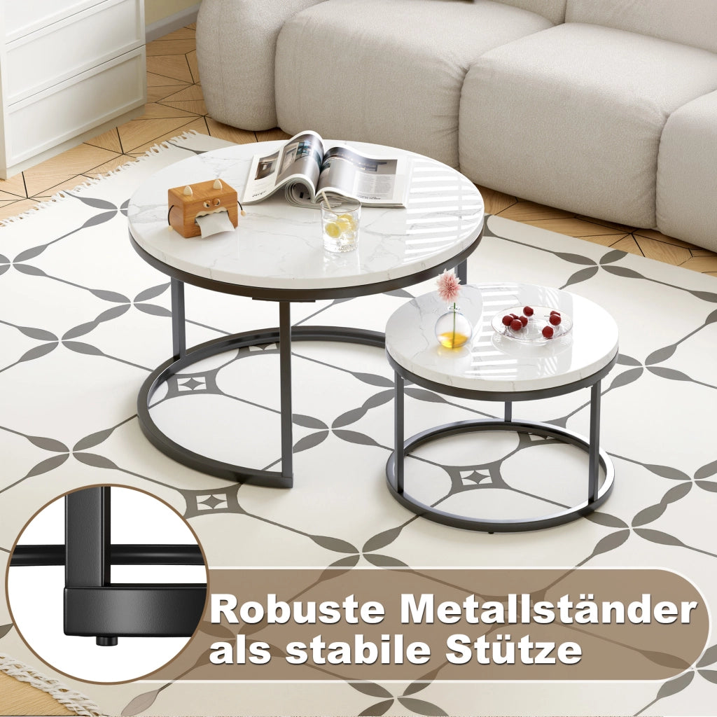 TAVOLINI DA CAFFÈ Set 2 Pezzi 70x70x45 cm Effetto Marmo Bianco con Struttura Nera