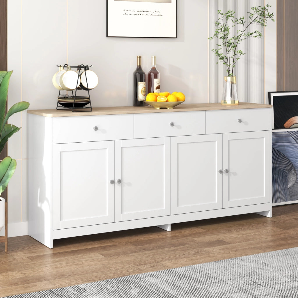 Credenza con 4 Ante e 3 Cassetti; Ripiani Regolabili; Stile Country; in MDF; Bianco; 160??37??75 cm