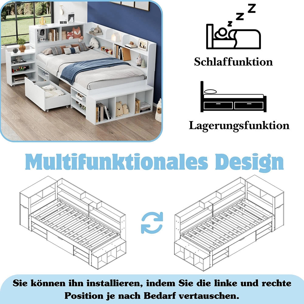 Letto singolo per bambini 90x190cm - Xylo - Bianco multifunzionale con cassetti e scaffali