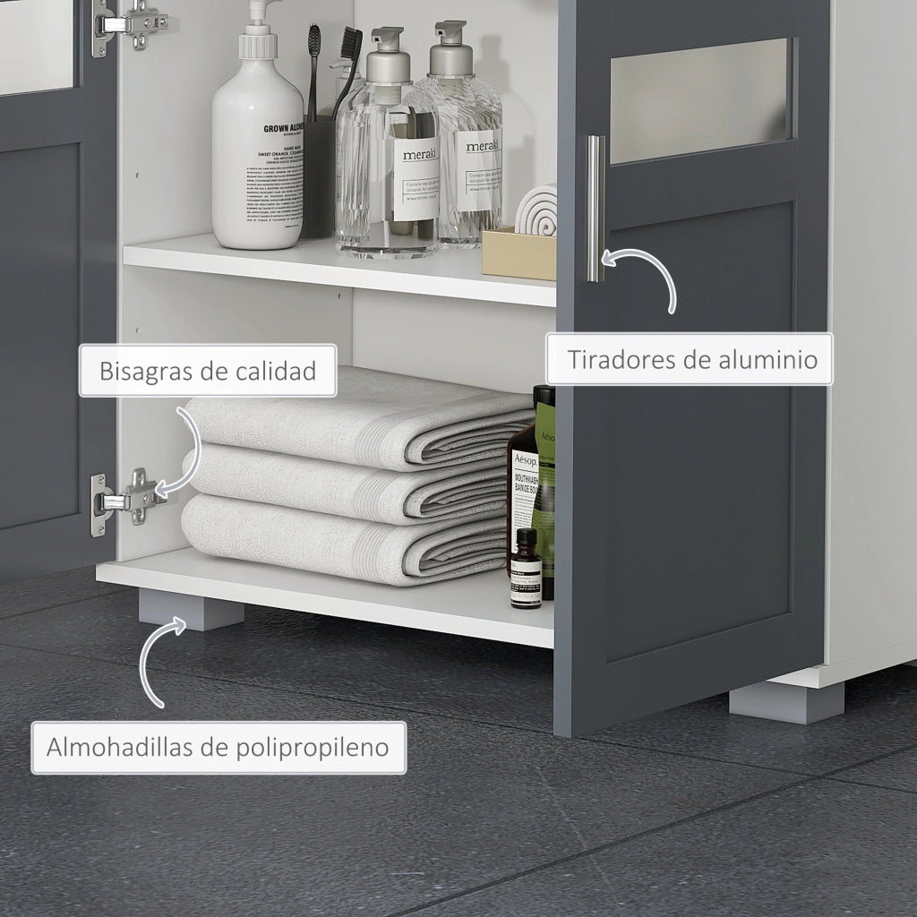 Mobiletto Sottolavabo Bagno con 2 Ante Vetro ¨C Minimal ¨C 69x35x59 cm Bianco Grigio