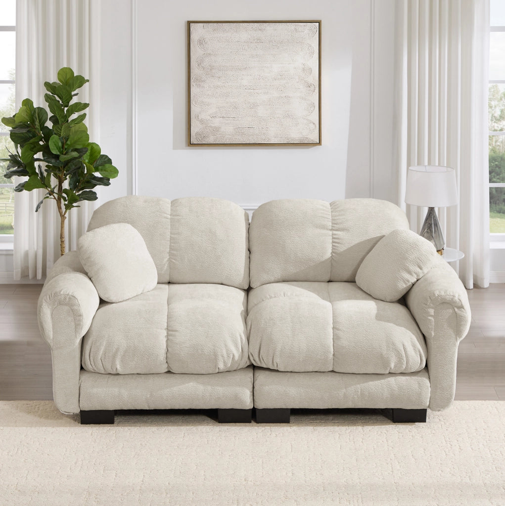 Divano modulare in chenille con cuciture trapuntate 190x86x90 cm; cachi chiaro