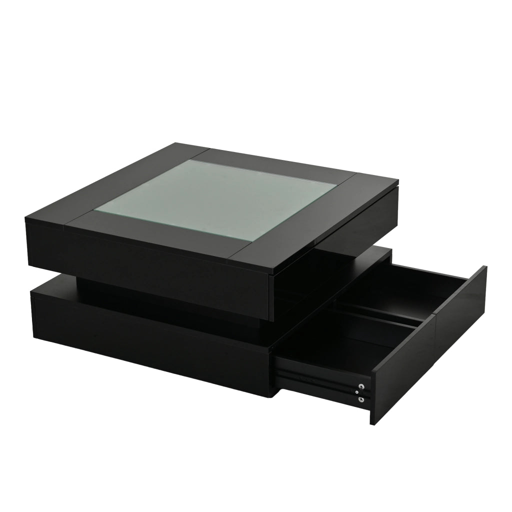 Tavolino basso con LED, 3 cassetti e piano in vetro temperato, finitura lucida, per soggiorno, nero, 70 × 70 × 35 cm