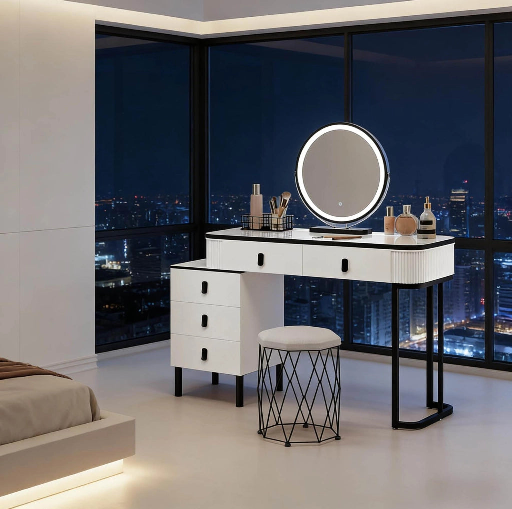 Tavolo da Trucco con Specchio LED Dimmerabile e Sgabello in Velluto Bianco e Nero
