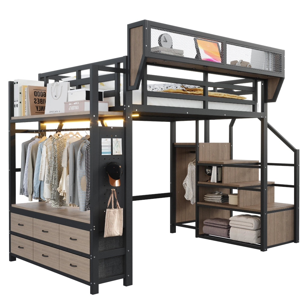 Letto a soppalco 140x200 cm con guardaroba; cassetto in tessuto; cestello removibile; barra appendiabiti e LED; metallo nero