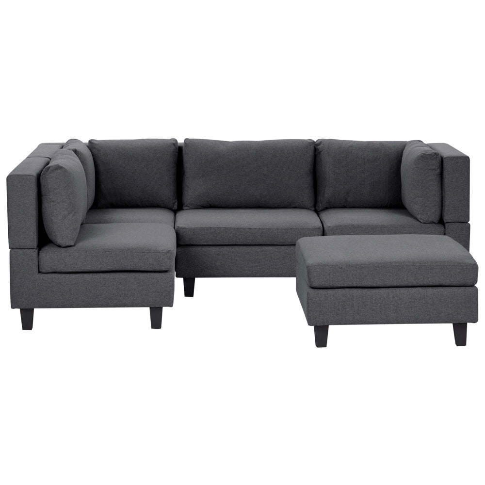 Divano componibile a 4 posti imbottito in tessuto grigio scuro gambe nere lato destro con ottomana stile moderno