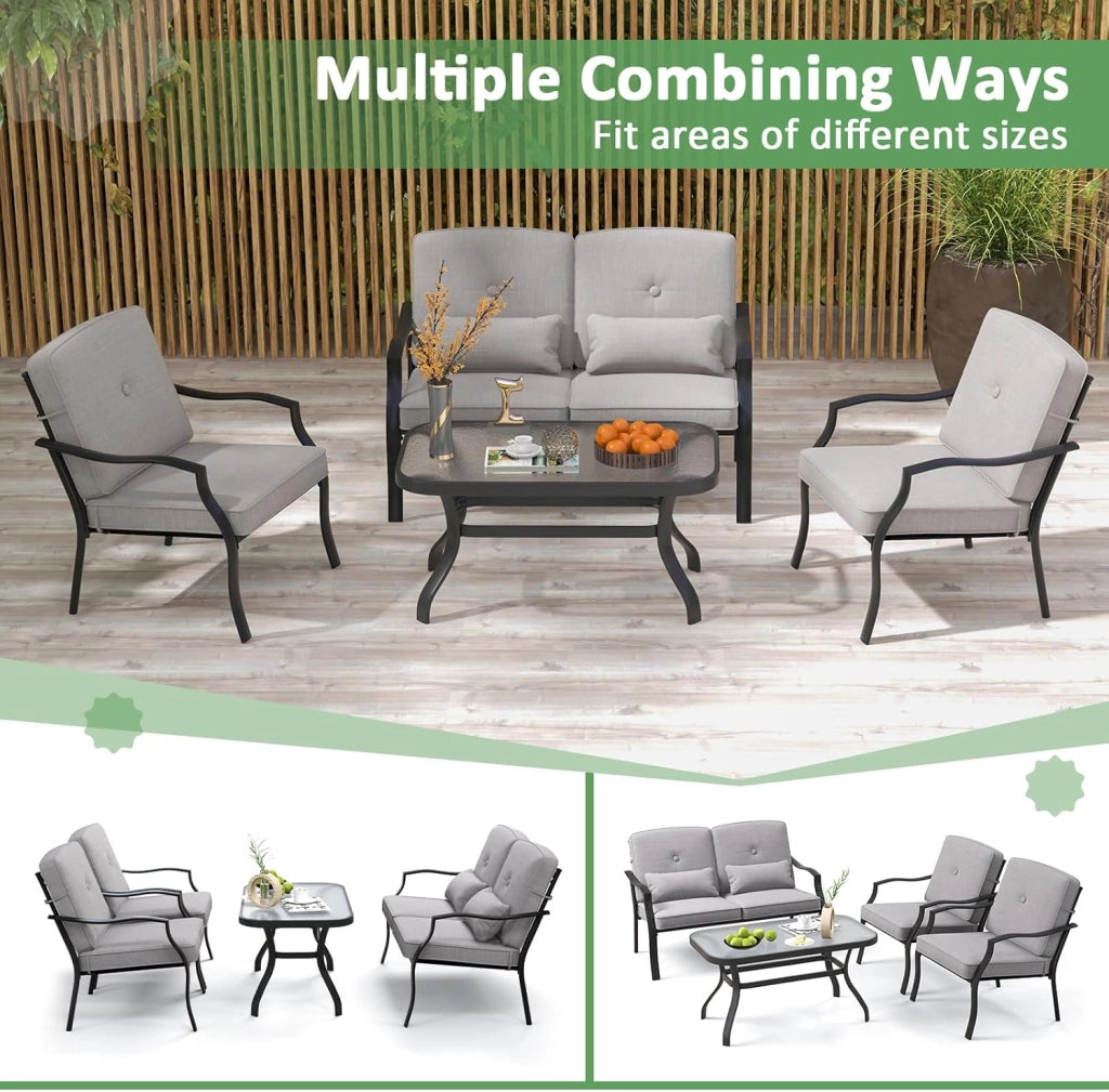 Set di 4 mobili da giardino con tavolino da salotto e panca da giardino e 2 sedie da pranzo, set da 4 persone, set da giardino con cuscino, mobili da giardino