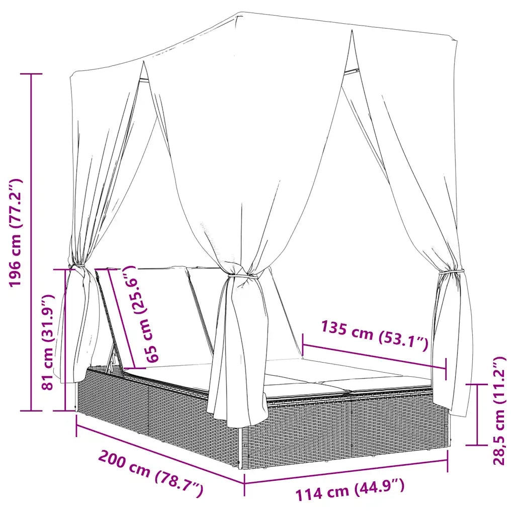 Lettino Prendisole con Tetto e Tende Nero in Polyrattan 368080