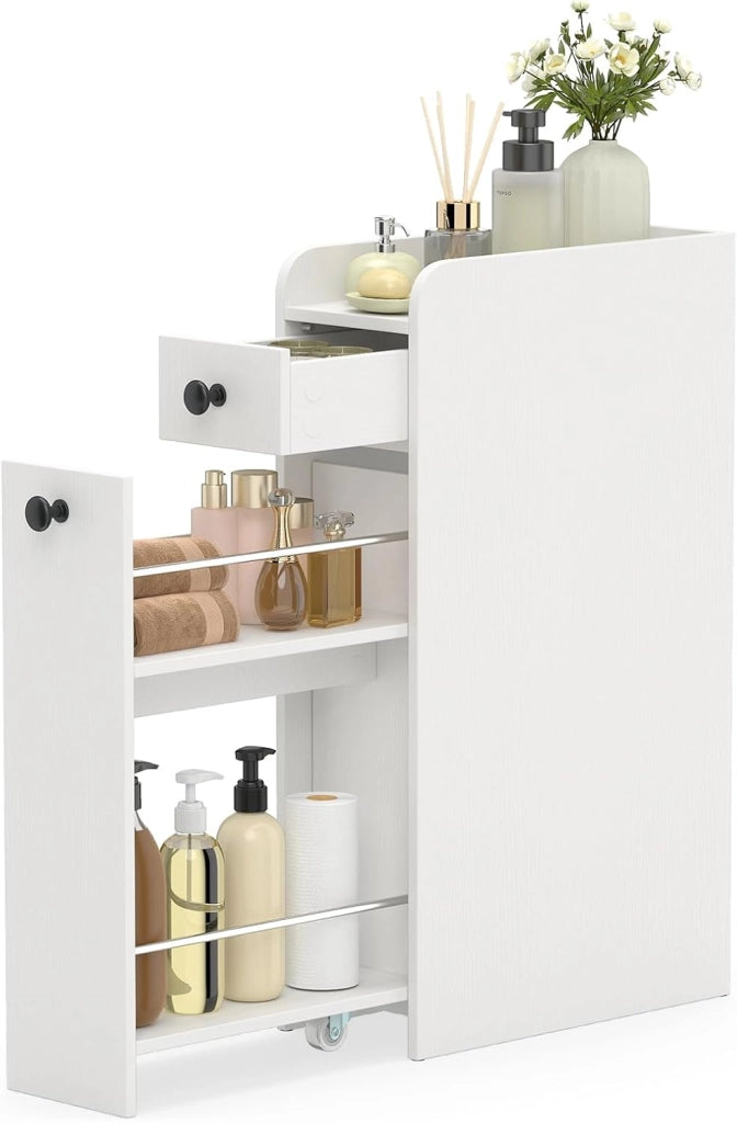 Armadietto da Bagno Stretto, Mobile Salvaspazio da Terra con 2 Ruote e 2 Cassetti Estraibili, Carrello Portaoggetti in Legno per Cucina e Lavanderia, 40 x 18 x 70 cm