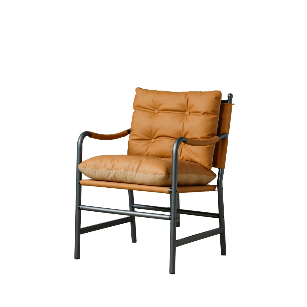 Fauteuil moderno in pelle con braccioli e struttura in metallo nero per soggiorno e camera da letto marrone