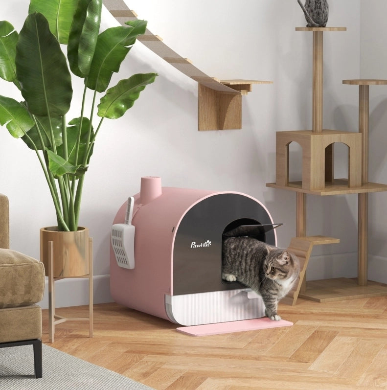 Lettiera chiusa per gatti con paletta e tappetino rosa
