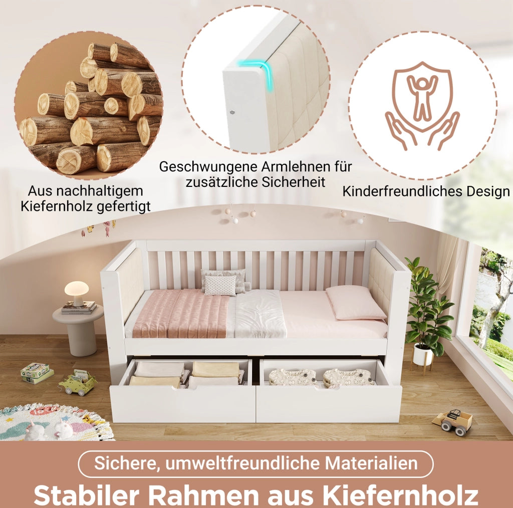 Tagesbett in legno con 2 cassetti e sponda laterale, bianco, 90 x 200 cm