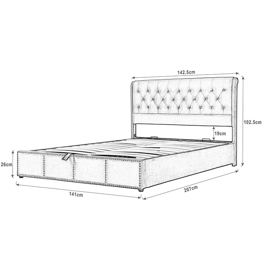 Letto imbottito grigio con contenitore 140 x 200 cm