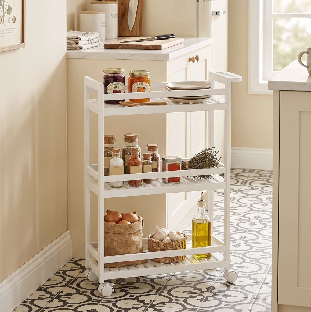 Carrello da cucina 55 x 20 x 75 cm in bambù bianco, 3 ripiani salvaspazio –