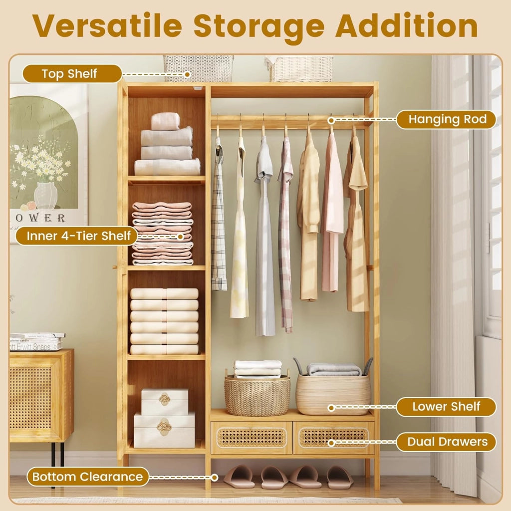 Armadietto guardaroba multifunzionale in bambù, appendiabiti robusto con asta di sospensione, scaffale portaoggetti, 2 cassetti, organizer per guardaroba autoportante, 102 x 33 x 160 cm