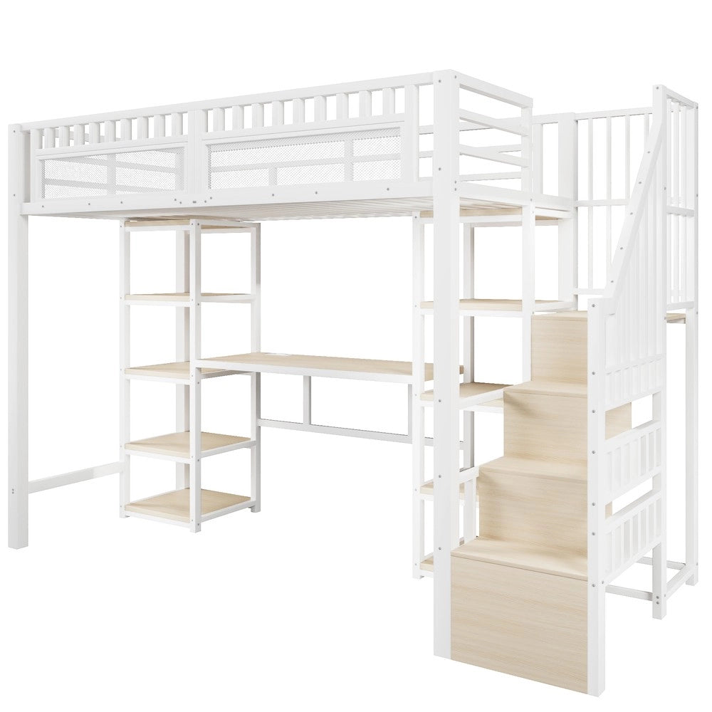 Letto a Soppalco con Scrivania e LED ¨C Xylo ¨C Bianco, 90x200, Metallo