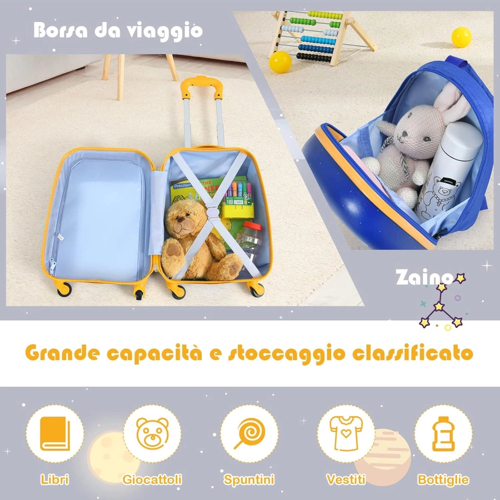 Set di Valigia per Bambini, 16" Valigia+ 12" Zaino, 2 Pezzi, con Ruote Girevoli a 360° e Maniglia Retrattile, Ideale per Viaggiare in Modo Comodo e Divertente (Modello 9)