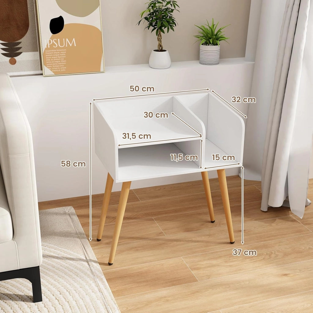 Comodino 50 x 32 x 58cm, Tavolino Moderno con Mensole Aperte, Gambe in Metallo e Poggiapiedi Regolabili, Comò Ideale per Soggiorno e Camera da Letto (Bianco,2)