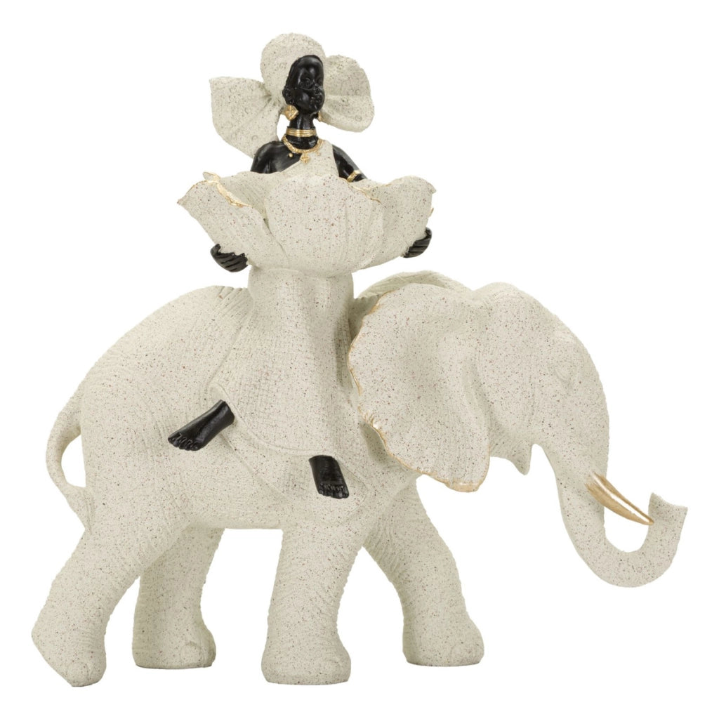 Scultura decorativa Donna su Elefante in poliresina sabbia e oro