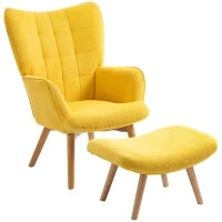 Poltrona d'Arredo con Pouf, Poltrona Relax in Effetto Corda, Poltrona con Braccioli e Gambe in Legno, per Soggiorno, Giallo