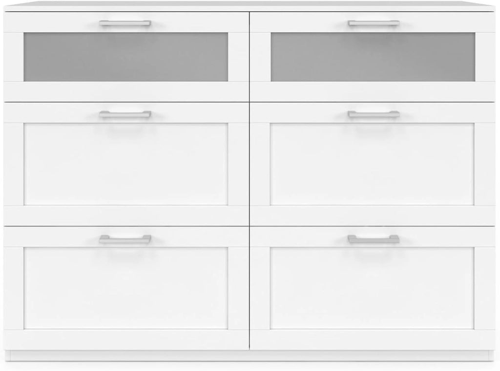 Cassettiera a 6 cassetti VITO 110 cm, legno bianco ed effetto smerigliato