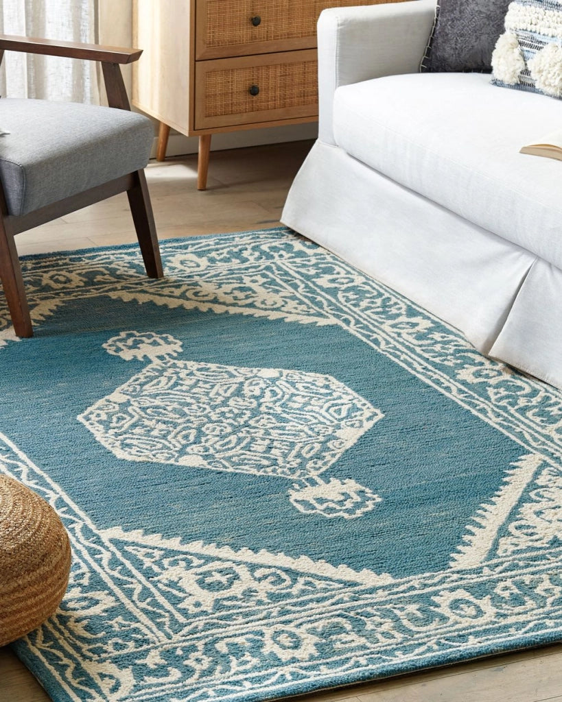 Tappeto bianco blu lana 140 x 200 cm tessuto piatto fatto a mano motivo orientale