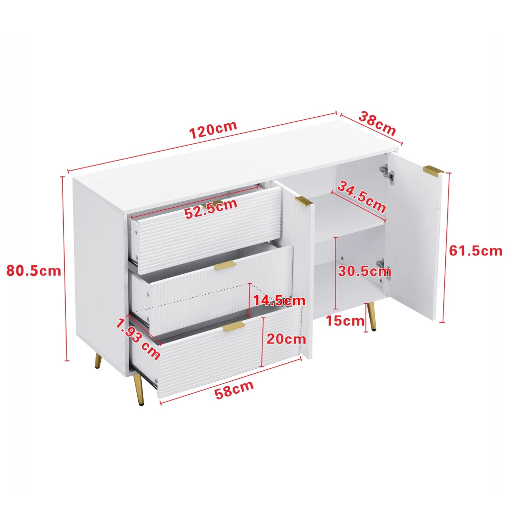 Credenza con 2 Ante; 3 Cassetti e Ripiani Interni; Motivo Ondulato; Stile Moderno; in MDF; Bianco+Oro; 120??38??80;5 cm