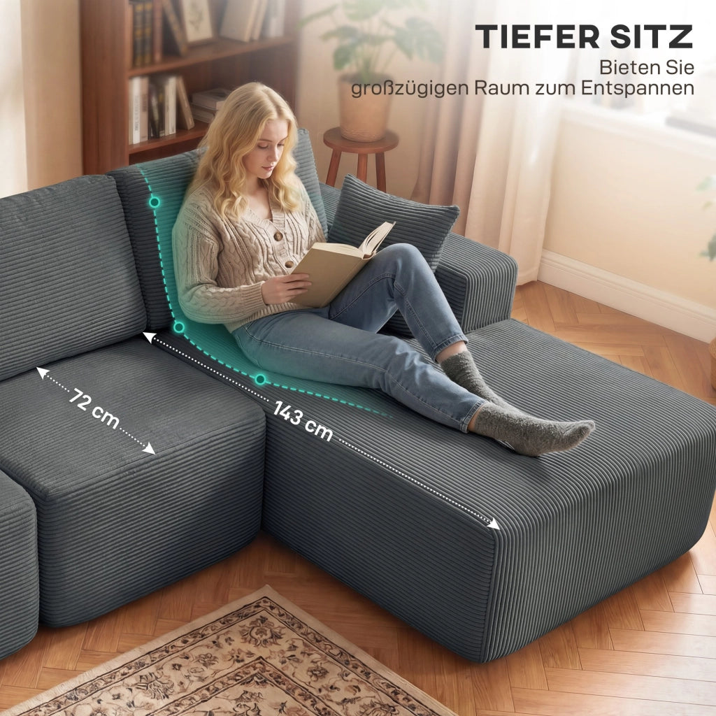 Divano letto angolare L con cuscini, imbottito, braccioli larghi, seduta profonda ¨C zephmum ¨C grigio scuro