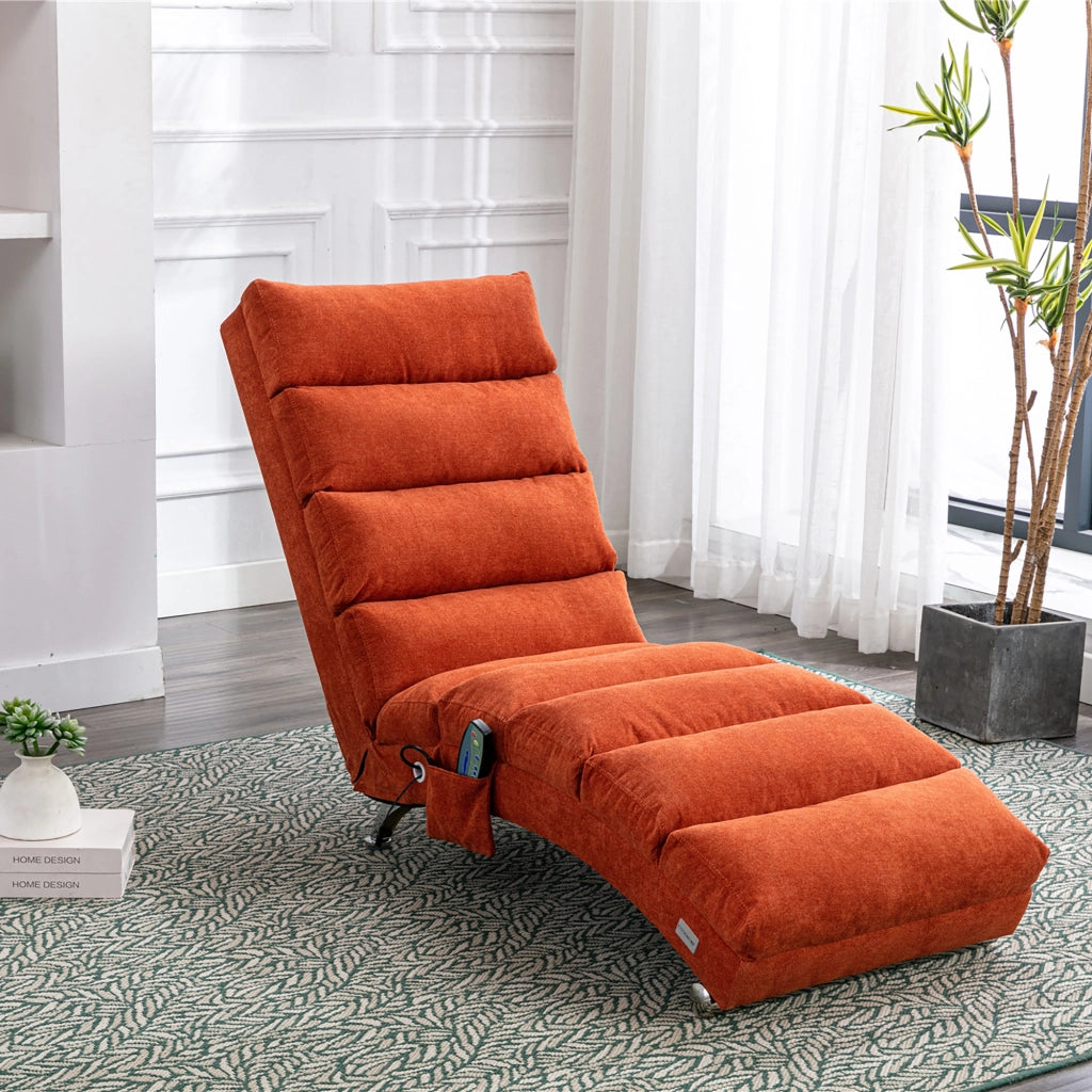 Chaise Longue Massaggiante Fissa 140° con Vibrazione Delicata e Tasca Laterale; Supporto Totale in Lino Arancione
