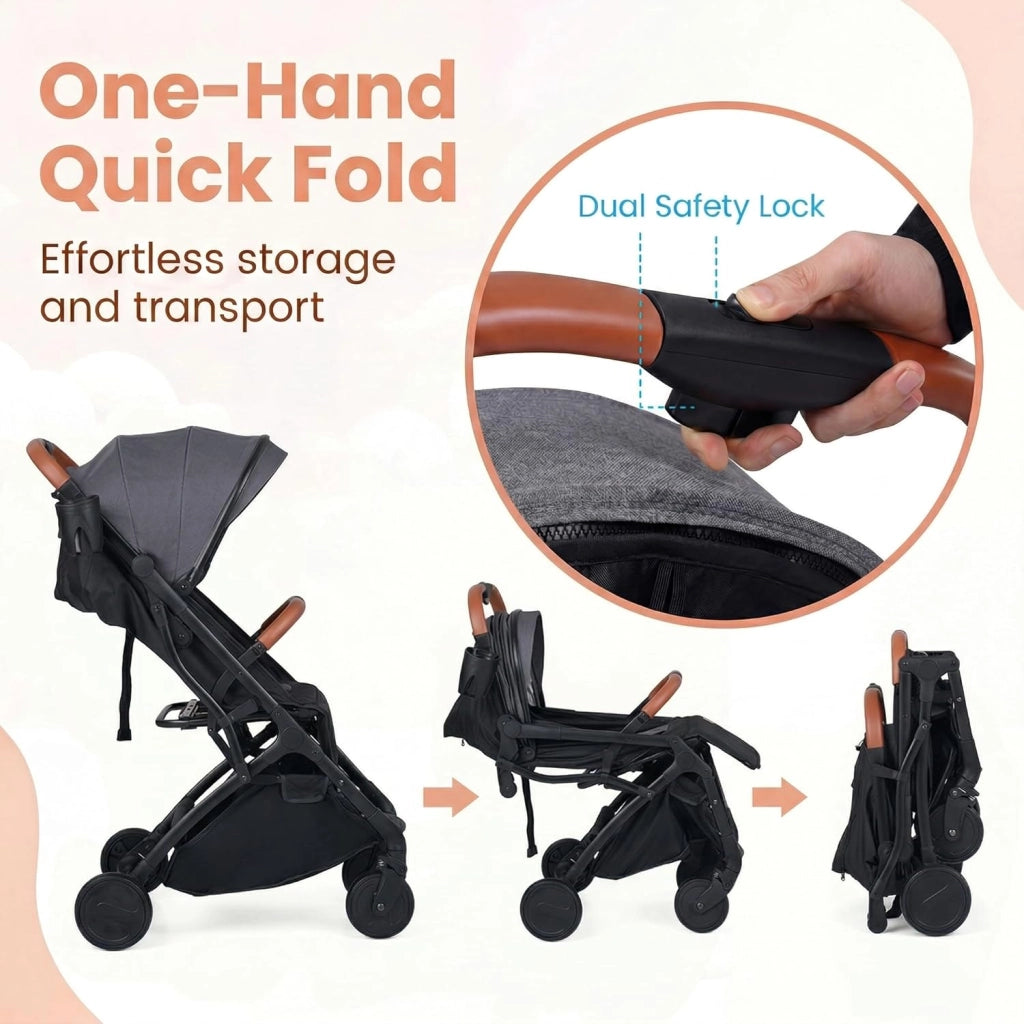 Passeggino Leggero per Bambini e Neonati, Passeggino Pieghevole e Portatile con Ruote, Schienale Regolabile, Tettuccio, Cintura di Sicurezza, Cesto e Copertura Antipioggia (Grigio)