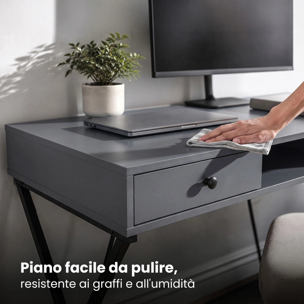 Scrivania PC industriale Grafite CROSSLINE 120 cm 2 cassetti 1 ripiano gambe nere