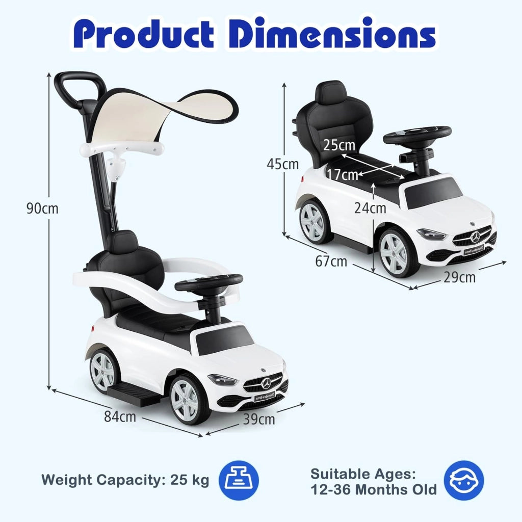 Macchina Cavalcabile per Bambini con Licenza Mercedes-Benz 3 in 1, Capote Regolabile, Guida Realistica con Volante e Clacson, Capacità di Carico 25 KG, per Bambine e Bambini 1-3 Anni (Bianco)