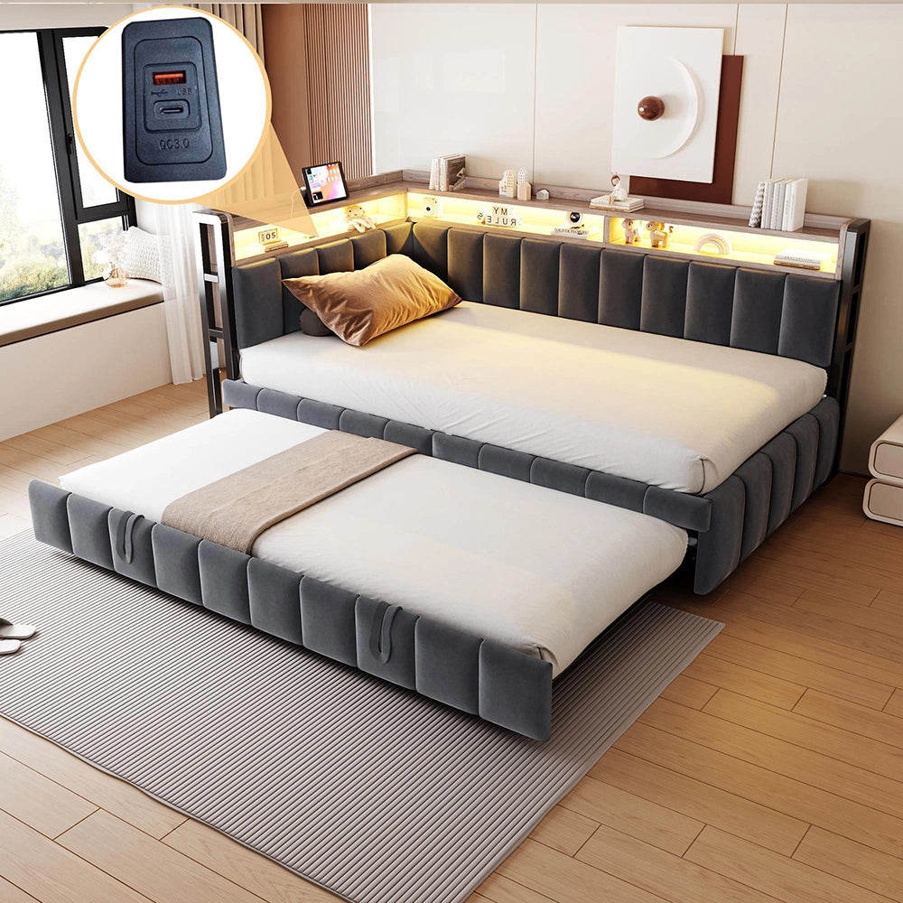 Divano letto 90x200cm?- Xylo - gigogne LED USB velluto grigio scuro