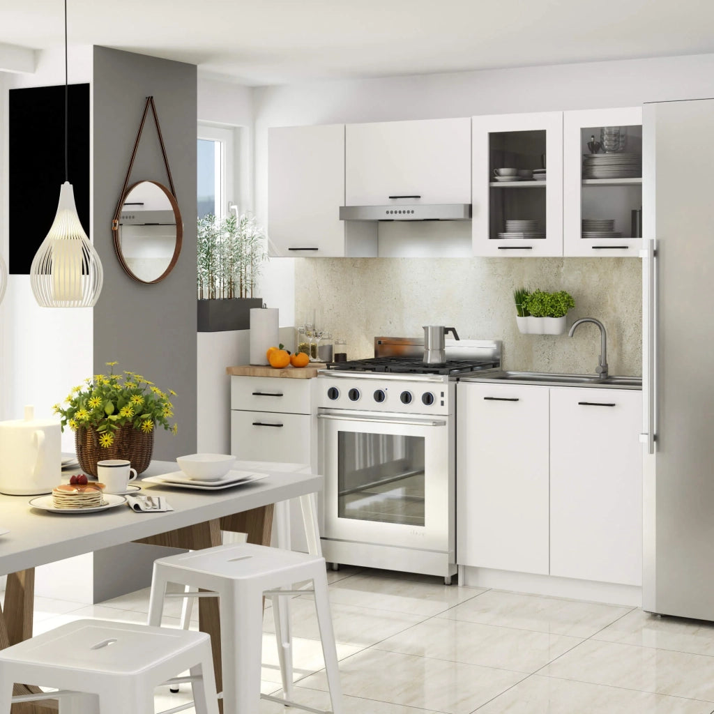 Set da cucina con vetrina AKORD OLIWIA 1,8 m Bianco 180 cm 7 ante 1 cassetto frontale Bianco 8 ripiani 180×46×203 cm